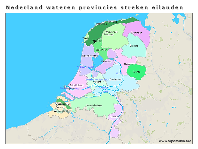 Topografie Nederland wateren provincies streken eilanden | www ...