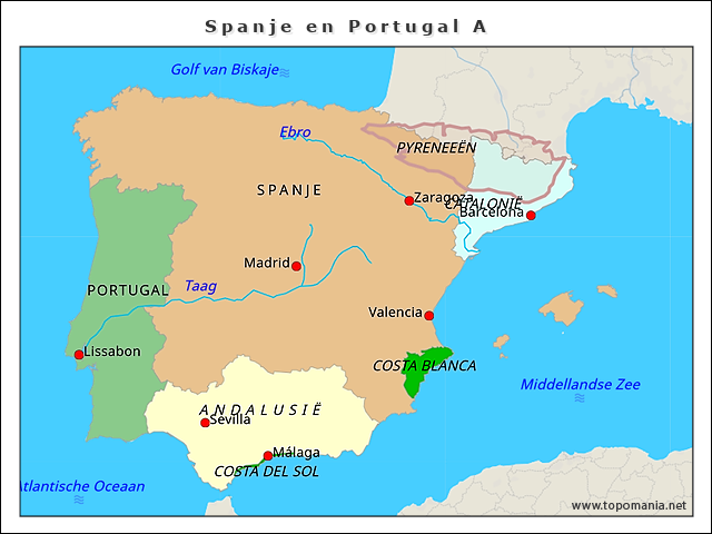 Topografie Kaart Frankrijk Spanje Portugal - Vogels