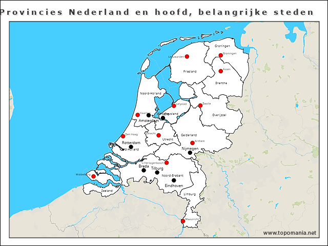 Topografie Provincies Nederland en hoofd, belangrijke steden | www