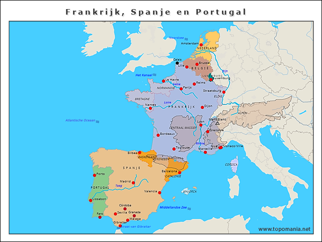 Topografie Frankrijk, Spanje en Portugal | www.topomania.net