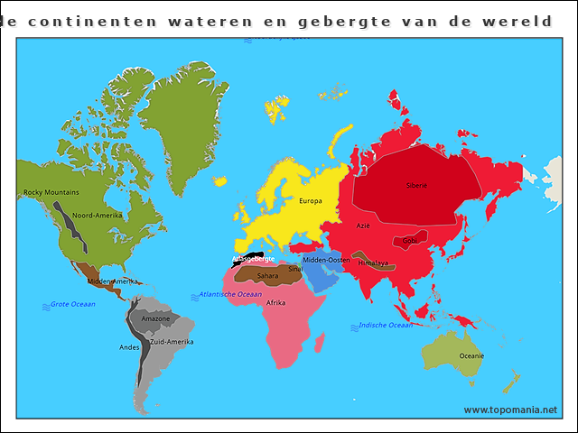 Topografie de continenten wateren en gebergte van de wereld | www
