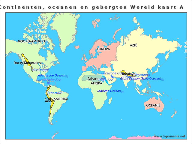 Topografie Continenten, oceanen en gebergtes Wereld kaart A | www ...