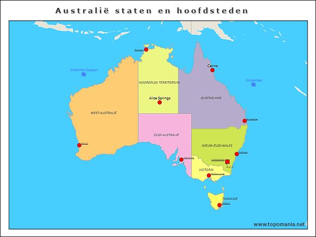 Topografie Australië staten en hoofdsteden | www.topomania.net