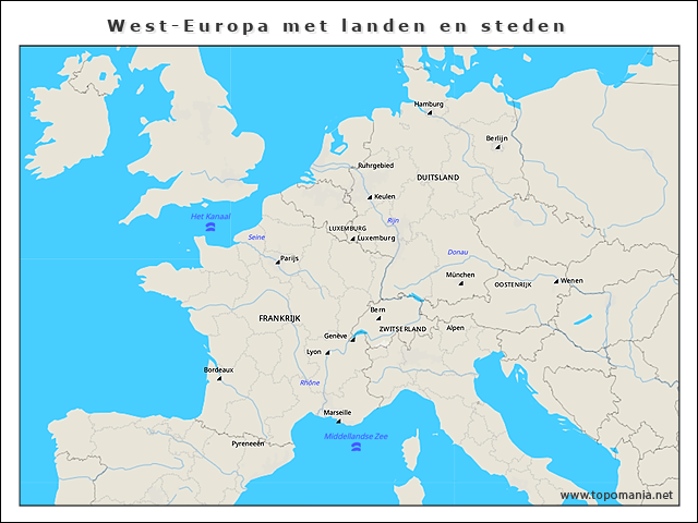 Topografie West-Europa met landen en steden | www.topomania.net