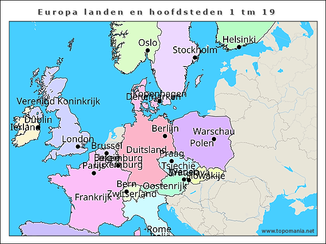 Topografie Europa landen en hoofdsteden 1 tm 19 | www.topomania.net