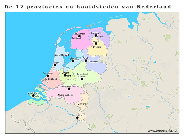 Topografie De 12 provincies en hoofdsteden van Nederland | www