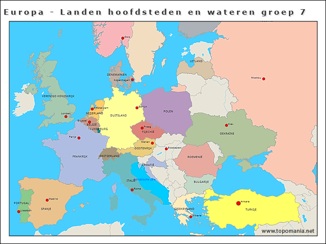 Topografie Europa - Landen hoofdsteden en wateren groep 7 | www