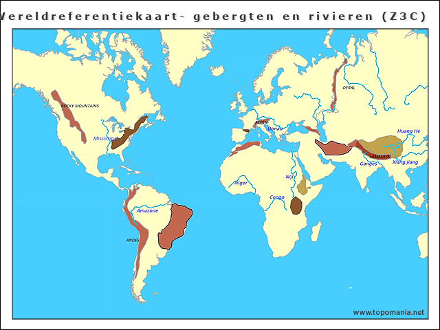 Topografie Wereldreferentiekaart- gebergten en rivieren (Z3C) | www