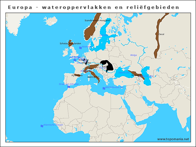 europa-wateroppervlakken-en-reliefgebieden