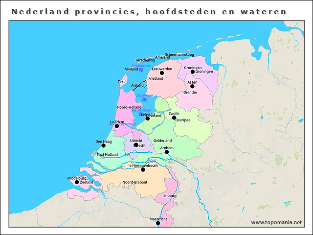 Topografie Nederland provincies, hoofdsteden en wateren (gr8) | www