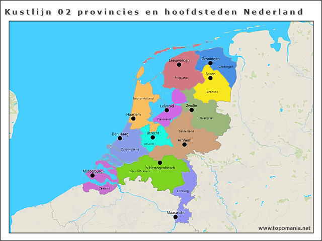 Topografie Kustlijn 02 provincies en hoofdsteden Nederland | www