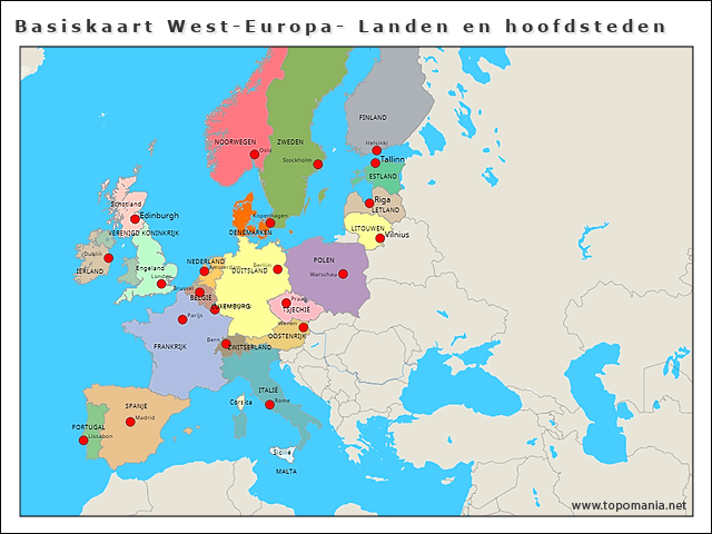 Topografie West en Midden-Europa- Landen en hoofdsteden | www.topomania.net