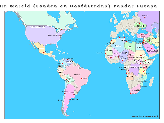 Topografie De Wereld (Landen en Hoofdsteden) zonder Europa | www
