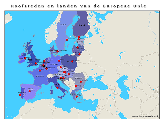 Topografie Hoofsteden en landen van de Europese Unie | www.topomania.net