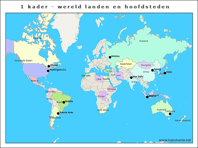 Topografie 1 kader - wereld landen en hoofdsteden | www.topomania.net