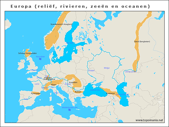 Topografie Europa (reliëf, rivieren, zeeën en oceanen) | www.topomania.net