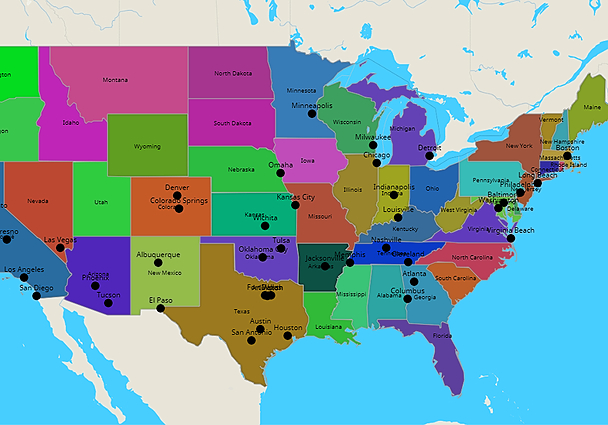 Topografie De staten van de VS met grote steden | www.topomania.net